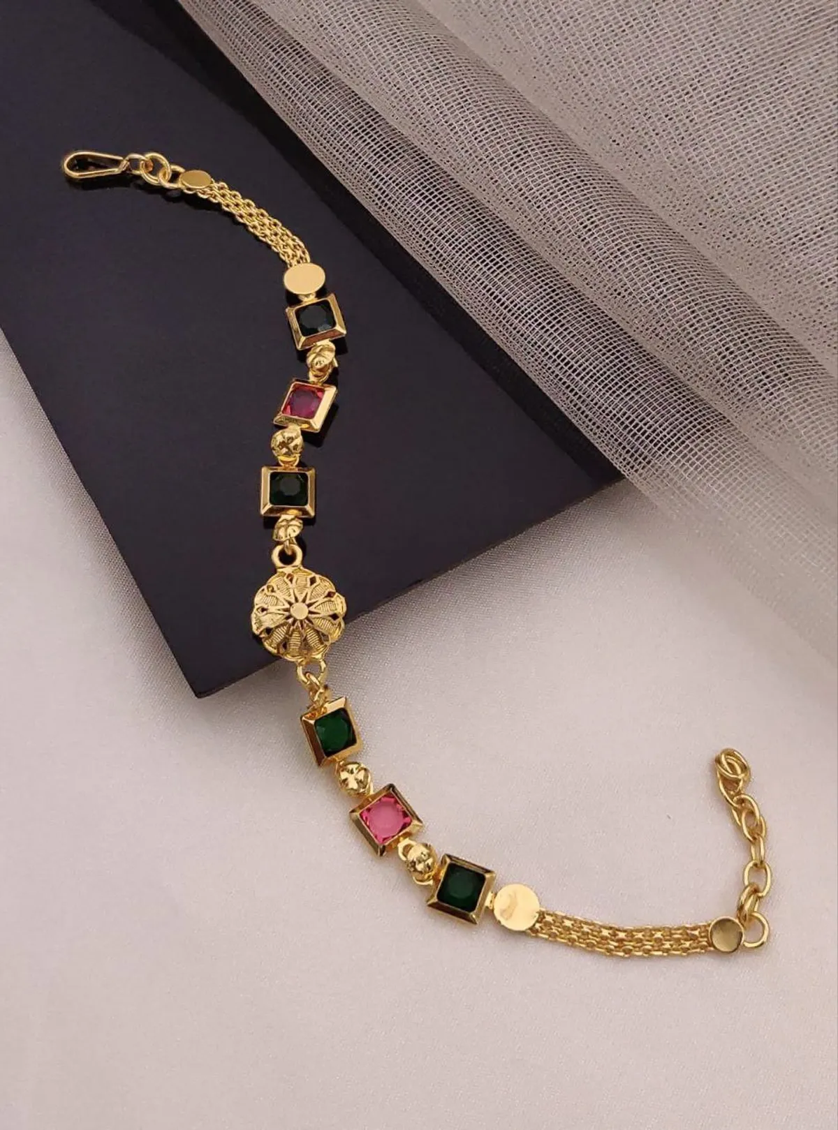 Multicolor square stone gold bracelet